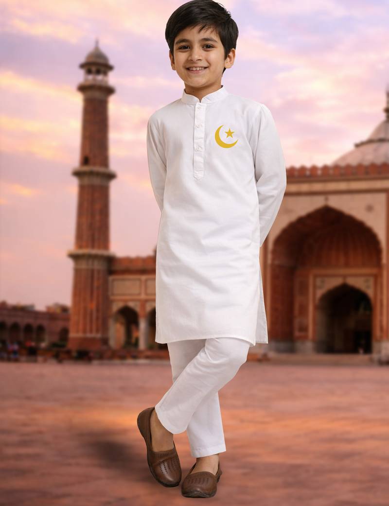 Boys white pure cotton kurta pyjama set with eid mubarak print