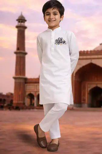 Boys white pure cotton kurta pyjama set with eid mubarak print