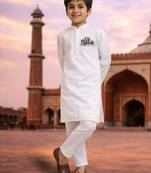Boys white pure cotton kurta pyjama set with eid mubarak print