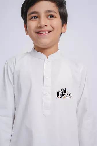 Boys white pure cotton kurta pyjama set with eid mubarak print