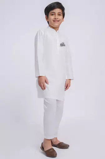 Boys white pure cotton kurta pyjama set with eid mubarak print