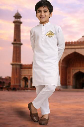 Boys white pure cotton kurta pyjama set with eid mubarak print