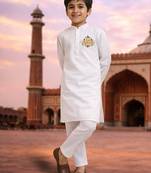 Boys white pure cotton kurta pyjama set with eid mubarak print