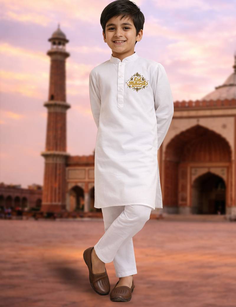 Boys white pure cotton kurta pyjama set with eid mubarak print