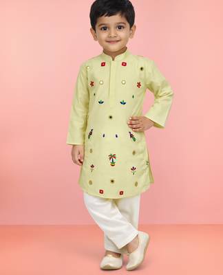 Boys light yellow pure cotton embroidered kurta pyjama set 1