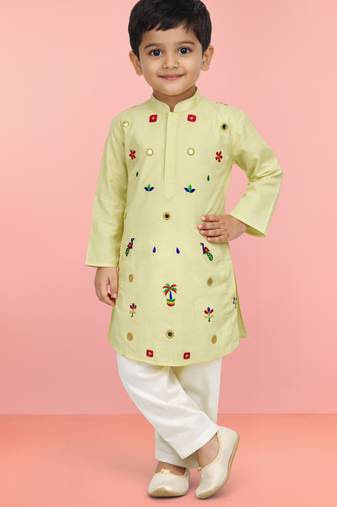 Boys light yellow pure cotton embroidered kurta pyjama set