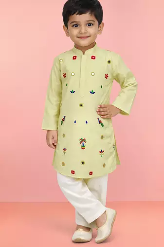 Boys light yellow pure cotton embroidered kurta pyjama set