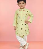 Boys light yellow pure cotton embroidered kurta pyjama set