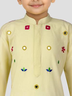 Boys light yellow pure cotton embroidered kurta pyjama set 2
