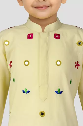 Boys light yellow pure cotton embroidered kurta pyjama set