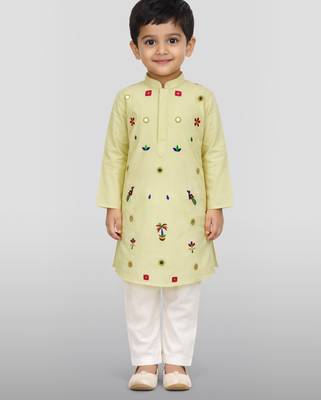 Boys light yellow pure cotton embroidered kurta pyjama set 3