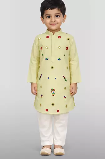 Boys light yellow pure cotton embroidered kurta pyjama set
