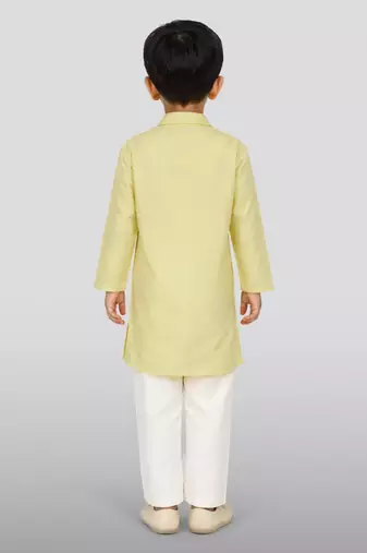 Boys light yellow pure cotton embroidered kurta pyjama set
