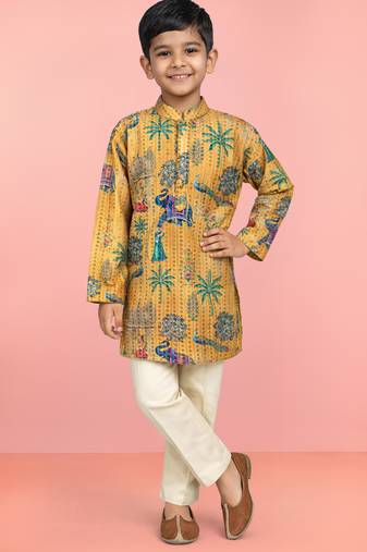 Boys yellow embroidery sequin & animal print kurta cream pant set