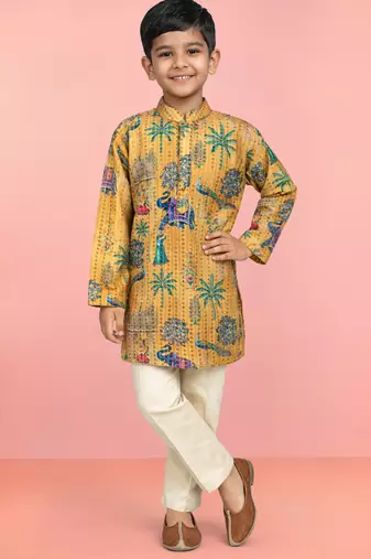 Boys yellow embroidery sequin & animal print kurta cream pant set