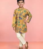 Boys yellow embroidery sequin & animal print kurta cream pant set