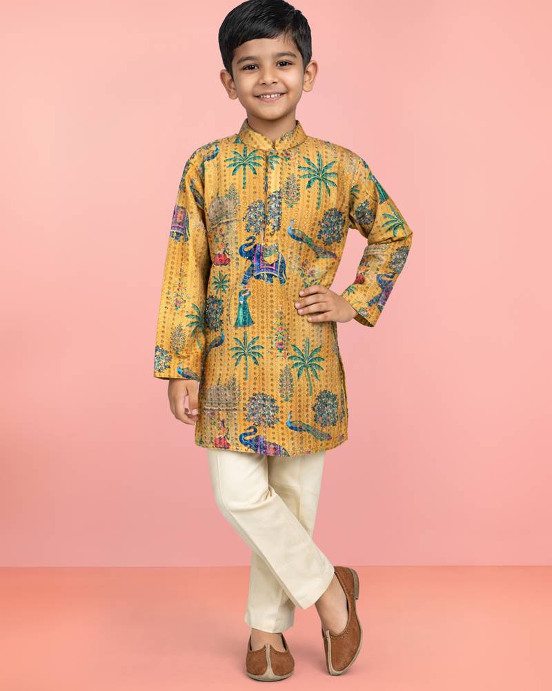 Boys yellow embroidery sequin & animal print kurta cream pant set