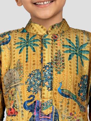 Boys yellow embroidery sequin & animal print kurta cream pant set 2
