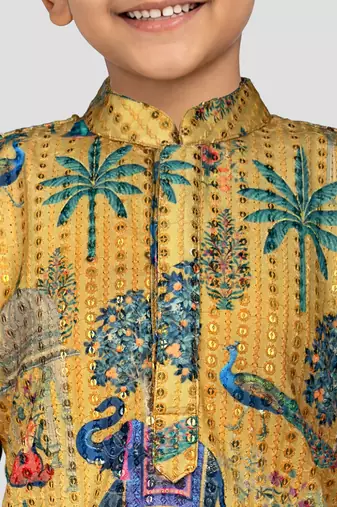 Boys yellow embroidery sequin & animal print kurta cream pant set