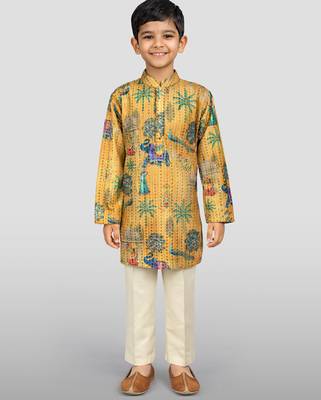 Boys yellow embroidery sequin & animal print kurta cream pant set 3