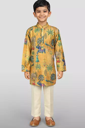 Boys yellow embroidery sequin & animal print kurta cream pant set