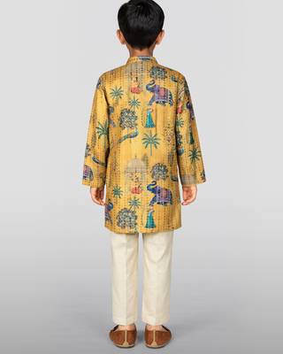 Boys yellow embroidery sequin & animal print kurta cream pant set 4