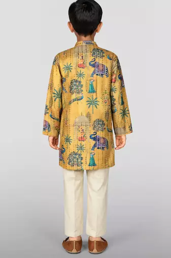 Boys yellow embroidery sequin & animal print kurta cream pant set