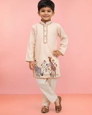 Boys beige rayon digital animal daman print kurta cream pant set 1