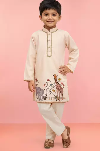 Boys beige rayon digital animal daman print kurta cream pant set