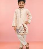 Boys beige rayon digital animal daman print kurta cream pant set