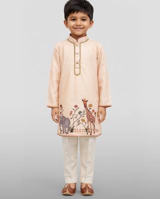 Boys beige rayon digital animal daman print kurta cream pant set 3