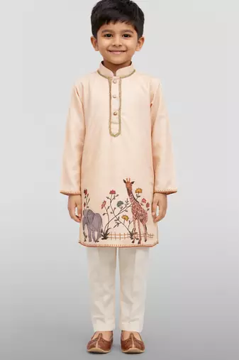 Boys beige rayon digital animal daman print kurta cream pant set