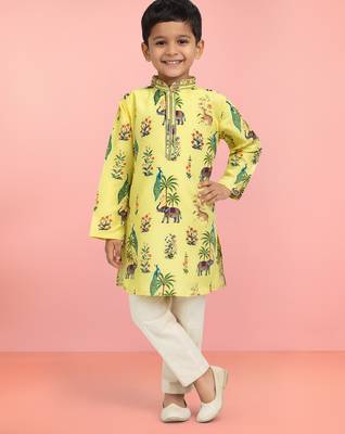 Boys yellow rayon all-over digital animal print kurta cream pant set 1