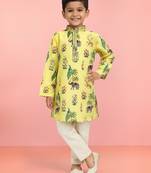 Boys yellow rayon all-over digital animal print kurta cream pant set