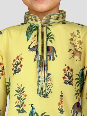Boys yellow rayon all-over digital animal print kurta cream pant set 2