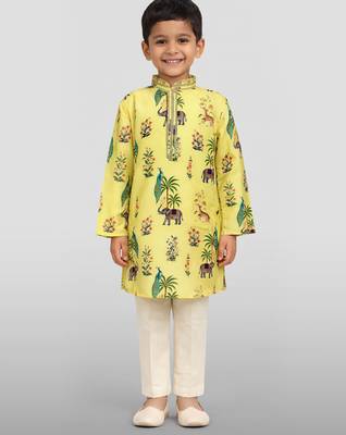Boys yellow rayon all-over digital animal print kurta cream pant set 3