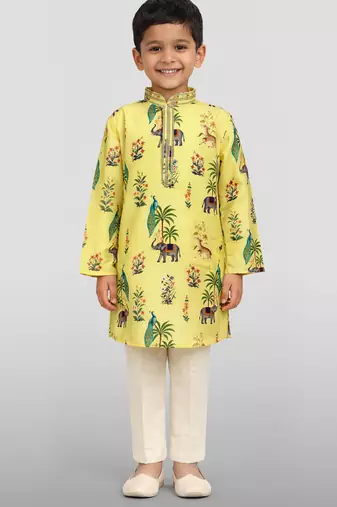 Boys yellow rayon all-over digital animal print kurta cream pant set