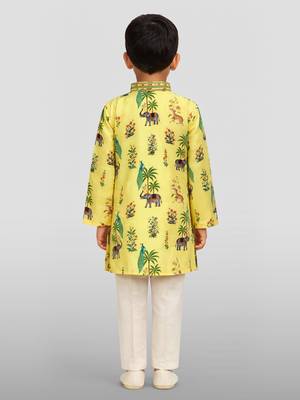Boys yellow rayon all-over digital animal print kurta cream pant set 4