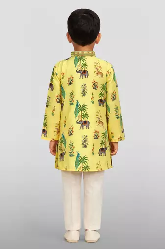 Boys yellow rayon all-over digital animal print kurta cream pant set