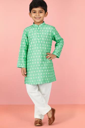 Boys aqua cotton kurta pyjama set