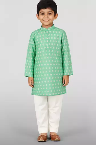 Boys aqua cotton kurta pyjama set