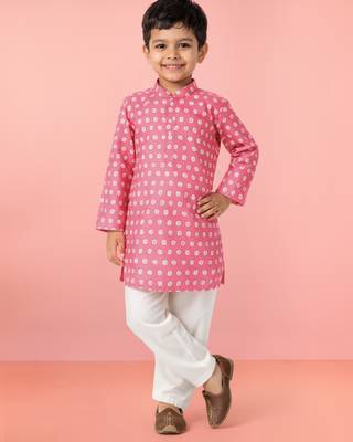 Boys pink linen slub kurta pyjama set 1