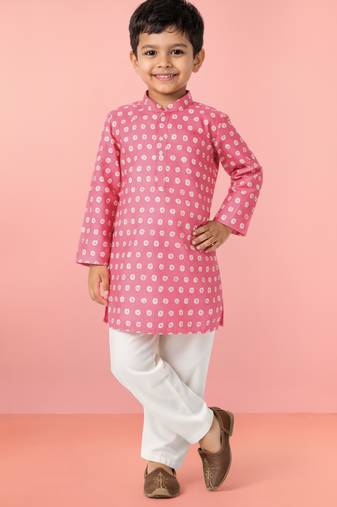 Boys pink linen slub kurta pyjama set