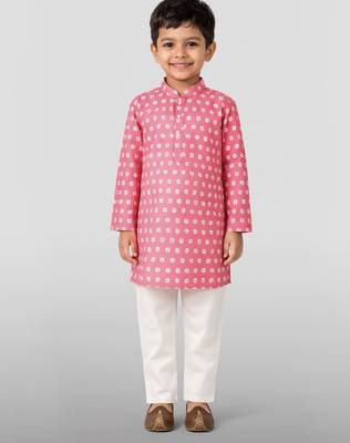 Boys pink linen slub kurta pyjama set 3
