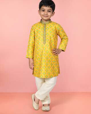 Boys yellow linen slub kurta pyjama set 1