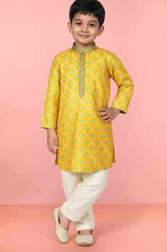 Boys yellow linen slub kurta pyjama set