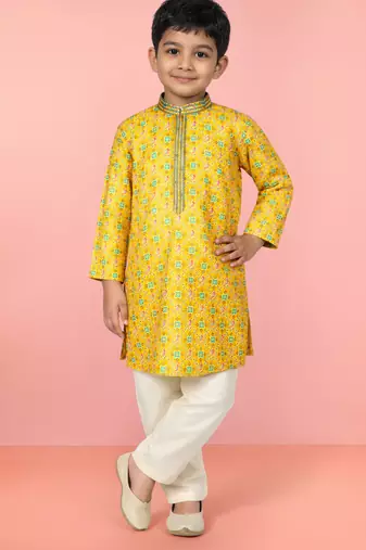 Boys yellow linen slub kurta pyjama set
