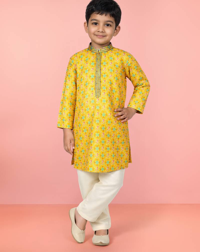 Boys yellow linen slub kurta pyjama set