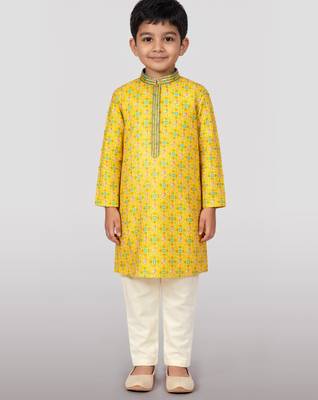 Boys yellow linen slub kurta pyjama set 3