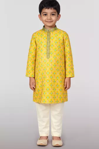 Boys yellow linen slub kurta pyjama set
